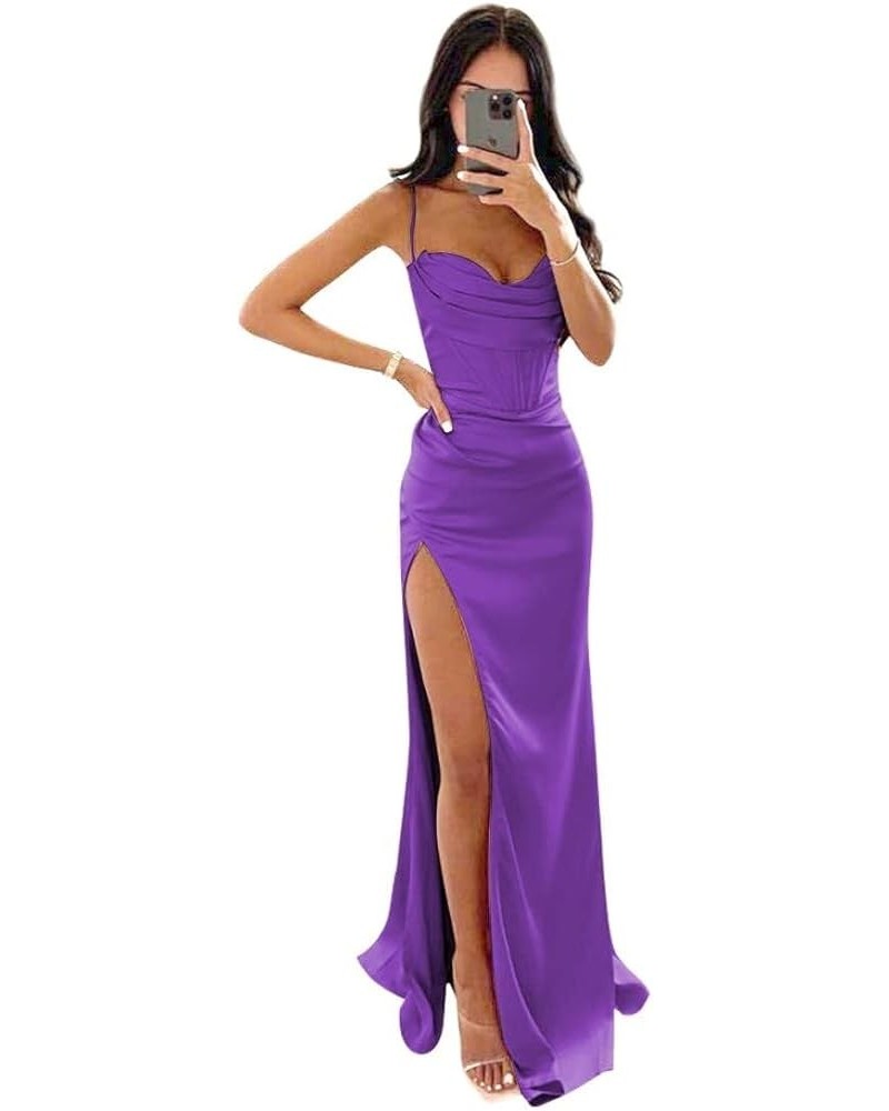 Women Spaghetti Strap Bridesmaid Dresses Satin V Neck Long Mermaid Prom Dresses with Slit Formal Evening Gowns RYA12 Purple $...