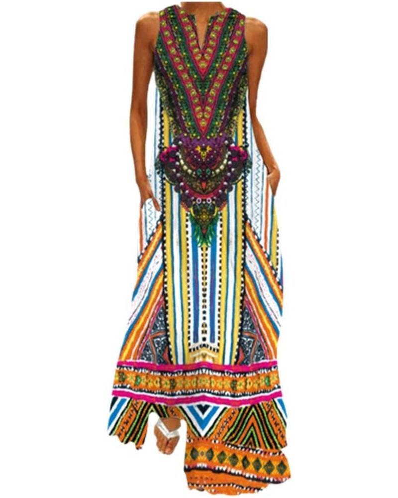 African Print Maxi Dresses for Women Vintage Printed Sleeveless Plus Size Bohemian V Neck Maxi Long Dress Z09-rainbow $4.12 D...