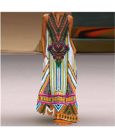 African Print Maxi Dresses for Women Vintage Printed Sleeveless Plus Size Bohemian V Neck Maxi Long Dress Z09-rainbow $4.12 D...