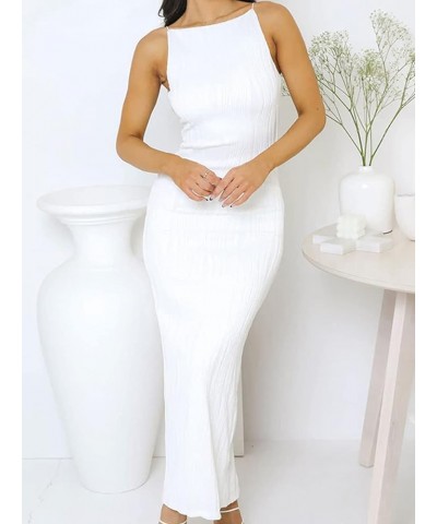 Women Long Tank Dress Bodycon Knitted Sexy Split Maxi Dress Sleeveless Pleated Long Pencil Dresses Elegant Textured White $13...