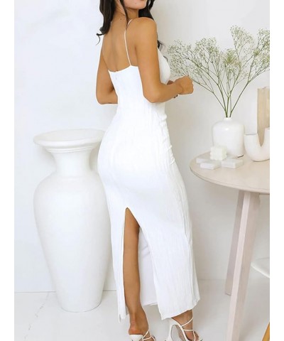 Women Long Tank Dress Bodycon Knitted Sexy Split Maxi Dress Sleeveless Pleated Long Pencil Dresses Elegant Textured White $13...