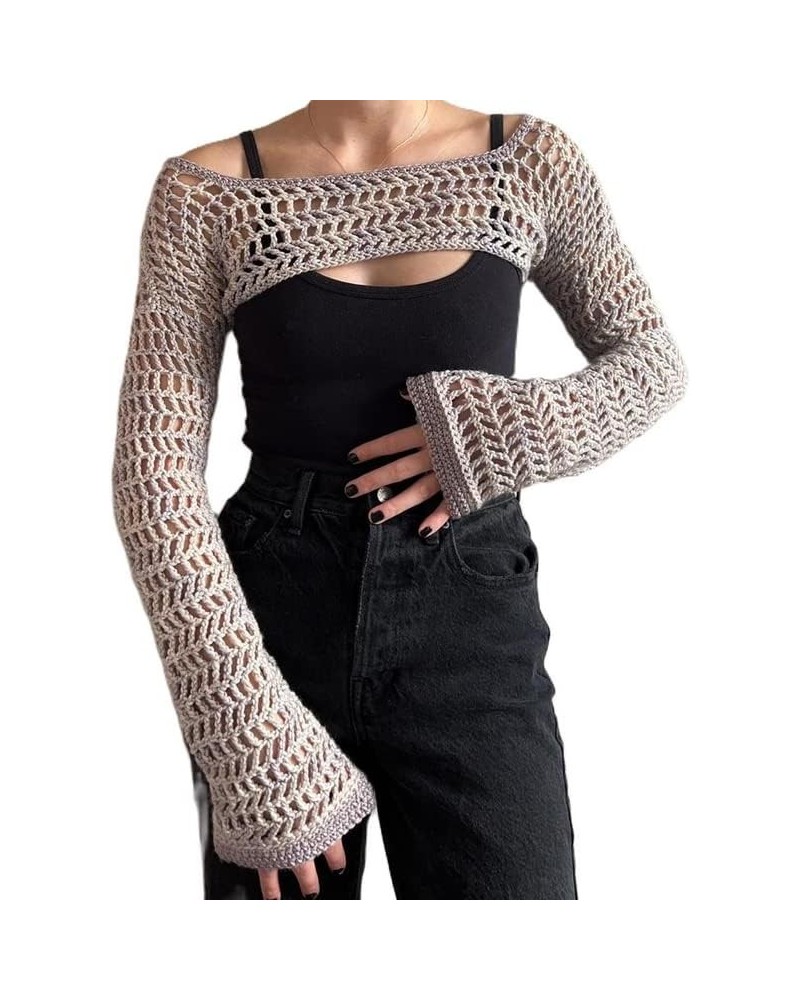 Y2k Knit Long Sleeve Shrug Crop Top Cut Out Crochet Bolero Tops See Through Sweater Harajuku Vintage Streetwear Grey $11.50 S...