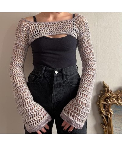 Y2k Knit Long Sleeve Shrug Crop Top Cut Out Crochet Bolero Tops See Through Sweater Harajuku Vintage Streetwear Grey $11.50 S...