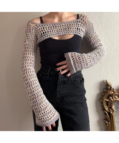 Y2k Knit Long Sleeve Shrug Crop Top Cut Out Crochet Bolero Tops See Through Sweater Harajuku Vintage Streetwear Grey $11.50 S...