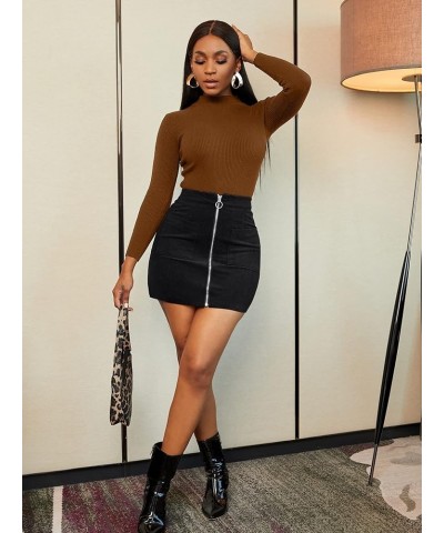 Women's Corduroy Zipper Front A Line High Waist Mini Skirt with Pocket Black $19.37 Skirts