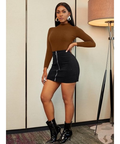 Women's Corduroy Zipper Front A Line High Waist Mini Skirt with Pocket Black $19.37 Skirts