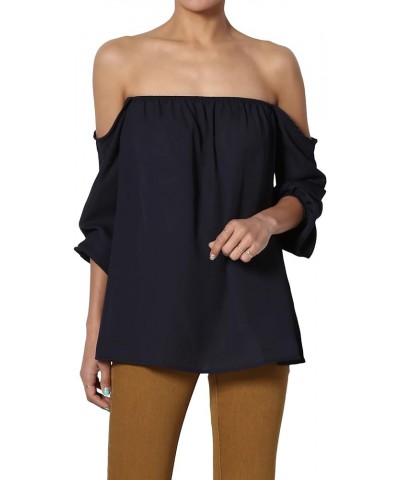 S~3X Off The Shoulder Chiffon Blouse Boho Bishop Long Sleeve Flowy Top Navy $11.09 Tops