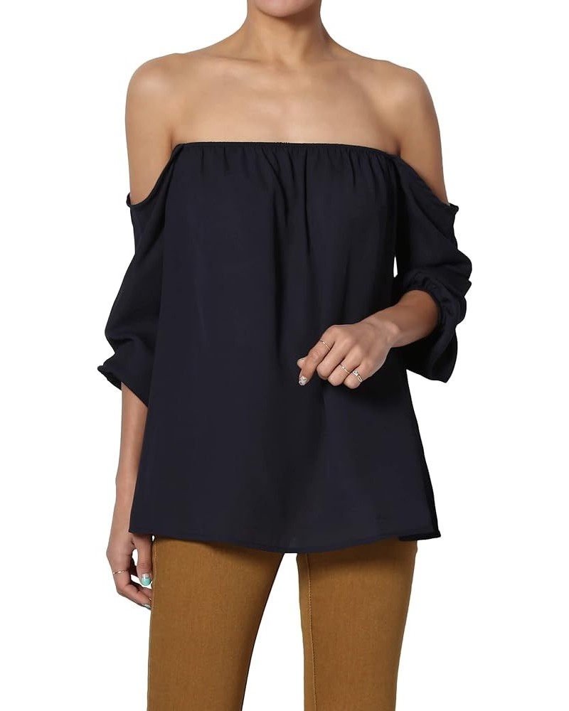 S~3X Off The Shoulder Chiffon Blouse Boho Bishop Long Sleeve Flowy Top Navy $11.09 Tops