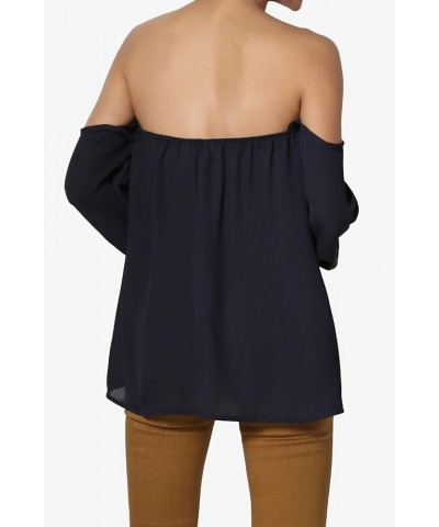 S~3X Off The Shoulder Chiffon Blouse Boho Bishop Long Sleeve Flowy Top Navy $11.09 Tops