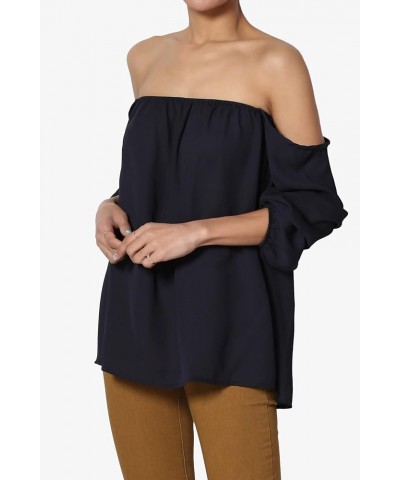 S~3X Off The Shoulder Chiffon Blouse Boho Bishop Long Sleeve Flowy Top Navy $11.09 Tops