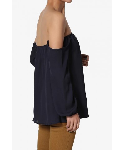 S~3X Off The Shoulder Chiffon Blouse Boho Bishop Long Sleeve Flowy Top Navy $11.09 Tops