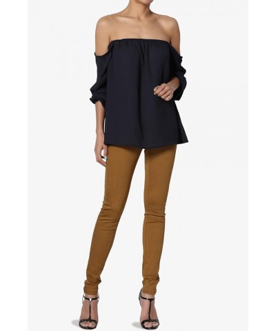 S~3X Off The Shoulder Chiffon Blouse Boho Bishop Long Sleeve Flowy Top Navy $11.09 Tops