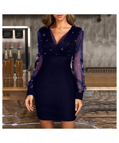 Party Dresses for Women Sexy Sequin Sheer Long Sleeve Mini Dress Elegant Vneck Pencil Dress for Prom Club Date Night E-navy $...