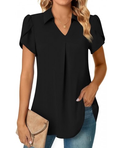 Women's 2023 Summer Dressy Collared V Neck Chiffon Blouse Business Tunic Petal Short Sleeve Shirt Office Work Tops 02/Black $...