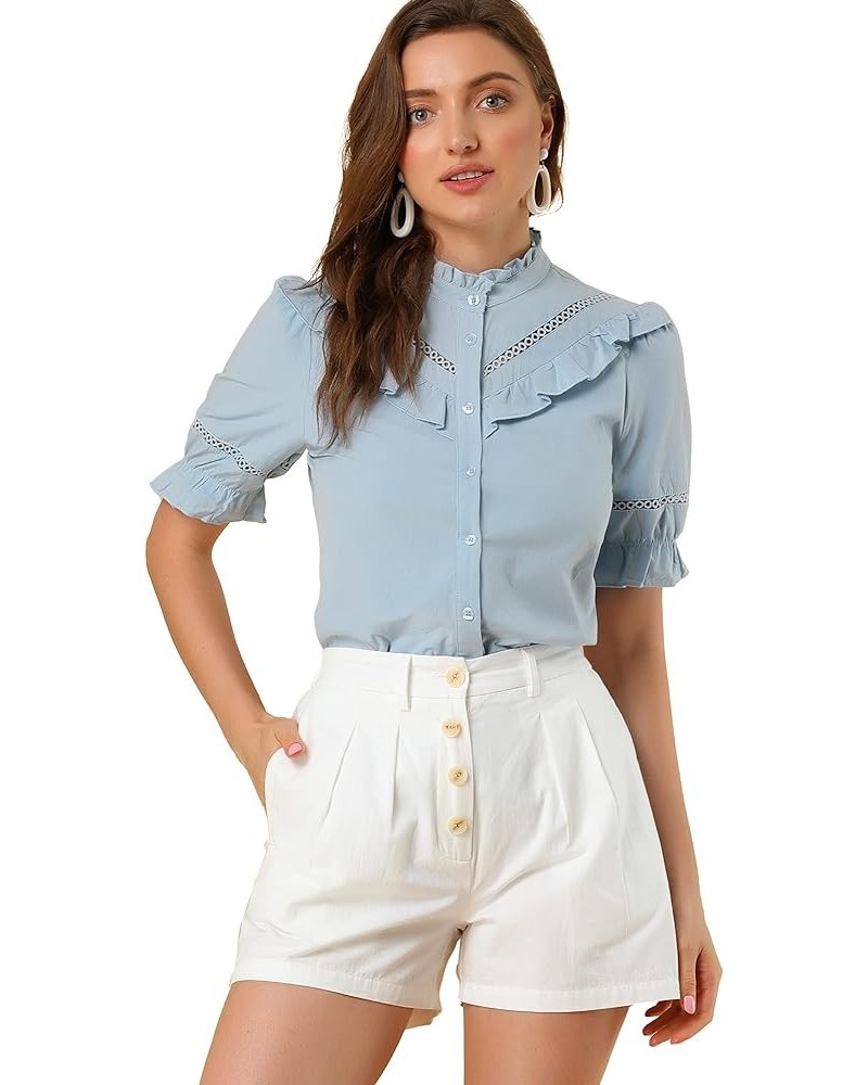 Women's Button Down Shirt Cotton Short Sleeve Ruffle Stand Collar Lacework Work Blouse Top Blue $14.76 Blouses