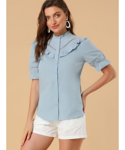 Women's Button Down Shirt Cotton Short Sleeve Ruffle Stand Collar Lacework Work Blouse Top Blue $14.76 Blouses