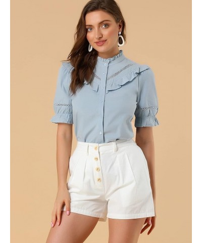 Women's Button Down Shirt Cotton Short Sleeve Ruffle Stand Collar Lacework Work Blouse Top Blue $14.76 Blouses