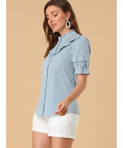 Women's Button Down Shirt Cotton Short Sleeve Ruffle Stand Collar Lacework Work Blouse Top Blue $14.76 Blouses