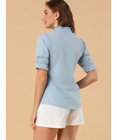 Women's Button Down Shirt Cotton Short Sleeve Ruffle Stand Collar Lacework Work Blouse Top Blue $14.76 Blouses