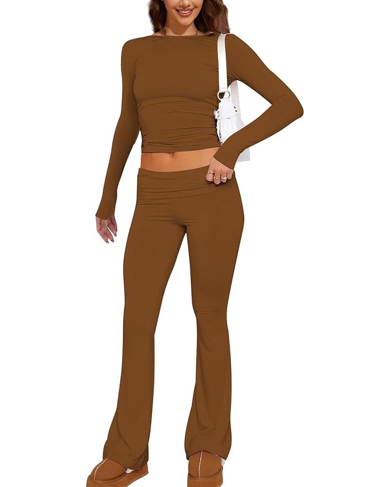 Women’s 2 Piece Outfit Solid Basic Long Sleeve Crop Top And Flared Leggings Low Waisted Yoga Pants Set Tracksuit Brown $23.45...