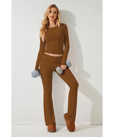 Women’s 2 Piece Outfit Solid Basic Long Sleeve Crop Top And Flared Leggings Low Waisted Yoga Pants Set Tracksuit Brown $23.45...