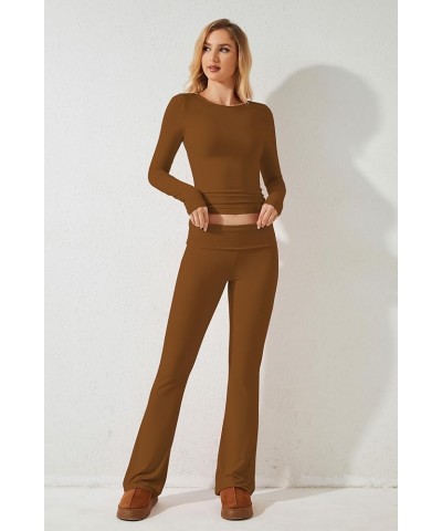 Women’s 2 Piece Outfit Solid Basic Long Sleeve Crop Top And Flared Leggings Low Waisted Yoga Pants Set Tracksuit Brown $23.45...