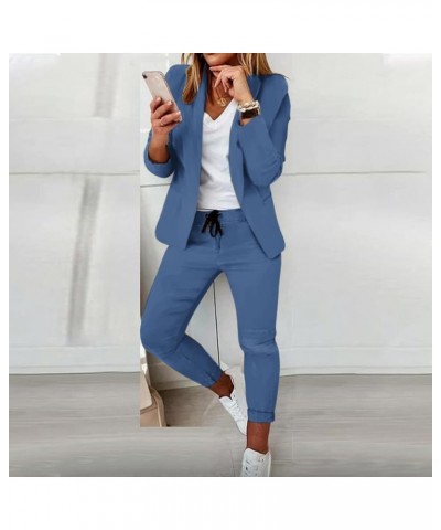 Women 2 Piece Casual Outfit Vintage Printed Open Front Lapel Blazer Drawstring Slim Fit Capris Pants Set 06-blue $23.47 Others