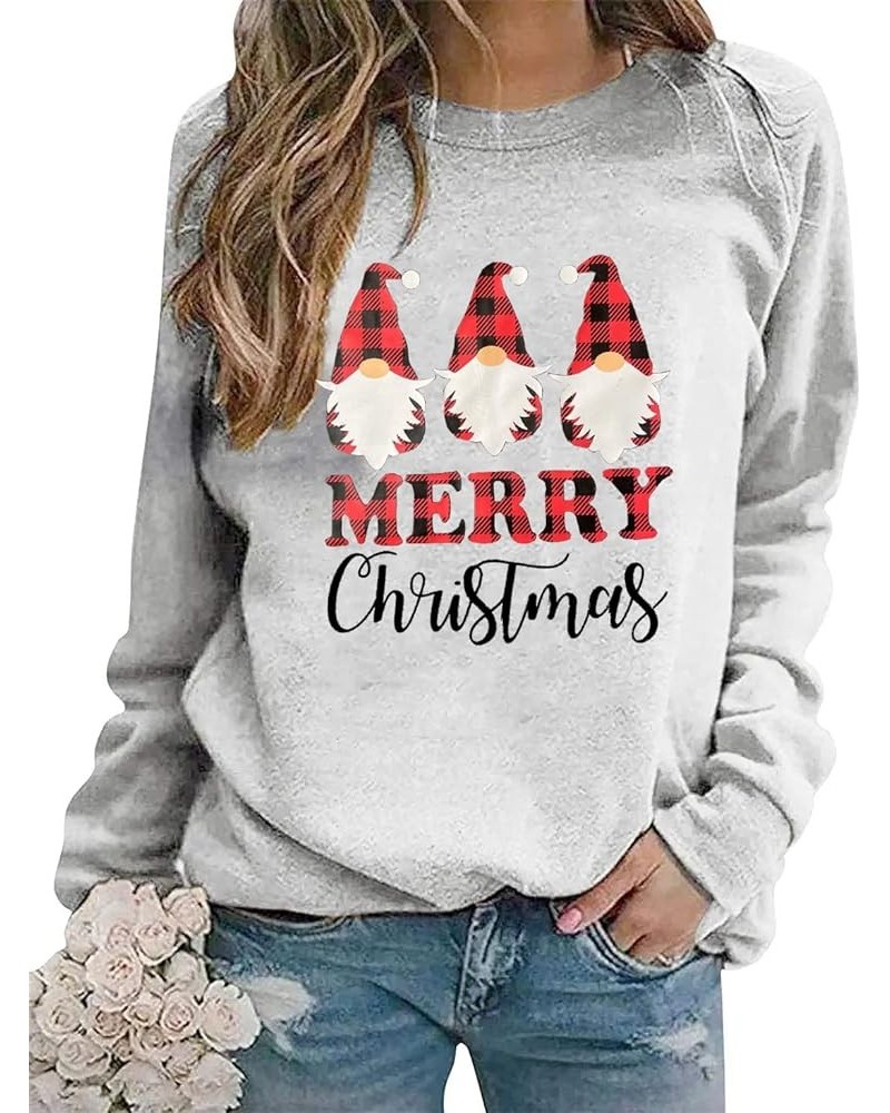 Merry Christmas Gnome Sweatshirts Women Plaid Gnomes Shirt Casual Long Sleeve Crewneck Pullover Tops Gray $10.12 Hoodies & Sw...