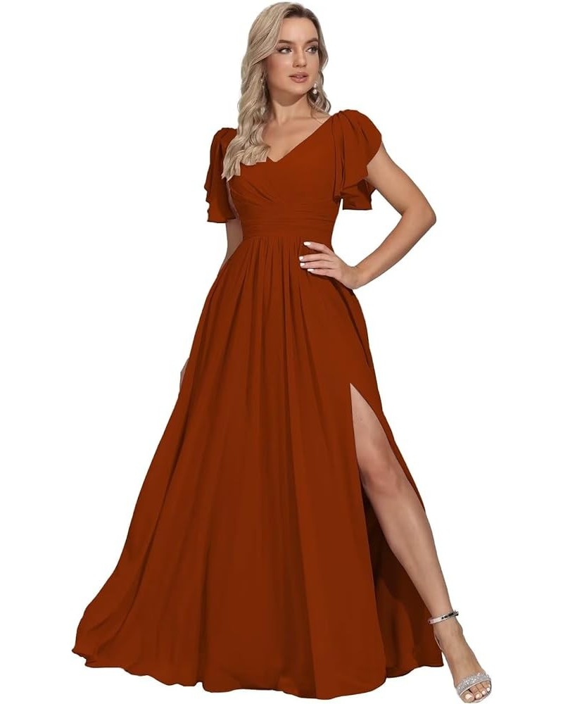 Long Chiffon Bridesmaid Dresses for Women Short Sleeve V Neck Formal Evening Dress with Slit Rust Red $25.30 Dresses