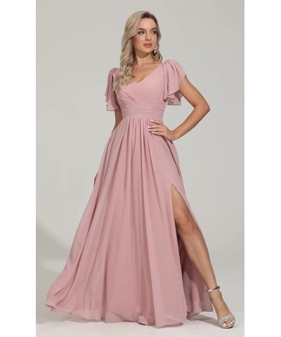 Long Chiffon Bridesmaid Dresses for Women Short Sleeve V Neck Formal Evening Dress with Slit Rust Red $25.30 Dresses