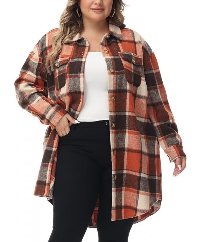 Women's Long Plaid Shacket, Lapel Button Down Shirt, Oversized Long Sleeve Jacket Side Pocket Knee Length Brushed Coat Orange...