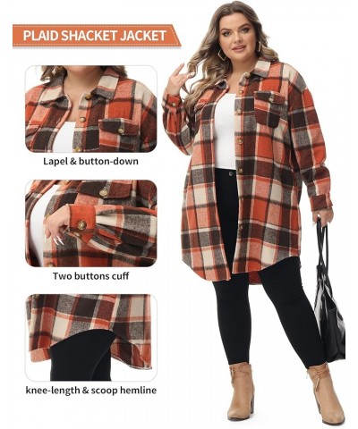 Women's Long Plaid Shacket, Lapel Button Down Shirt, Oversized Long Sleeve Jacket Side Pocket Knee Length Brushed Coat Orange...