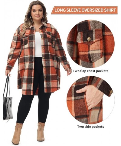 Women's Long Plaid Shacket, Lapel Button Down Shirt, Oversized Long Sleeve Jacket Side Pocket Knee Length Brushed Coat Orange...