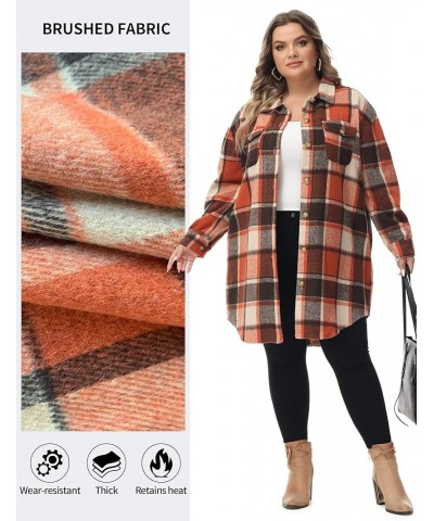 Women's Long Plaid Shacket, Lapel Button Down Shirt, Oversized Long Sleeve Jacket Side Pocket Knee Length Brushed Coat Orange...