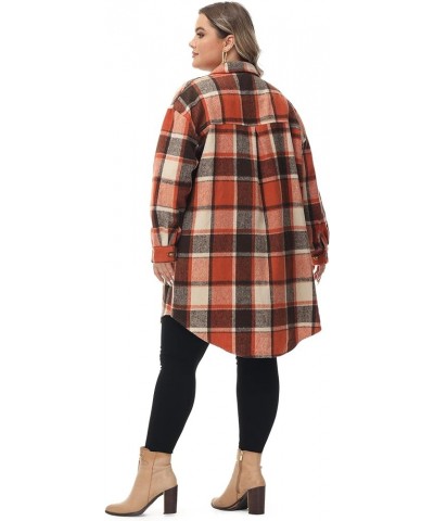 Women's Long Plaid Shacket, Lapel Button Down Shirt, Oversized Long Sleeve Jacket Side Pocket Knee Length Brushed Coat Orange...