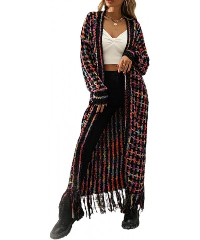 Women Boho Long Cardigan Sweater Long Sleeve Open Front Fringe Tassel Hem Colorful Rainbow Knit Maxi Sweaters Coat Purple $20...