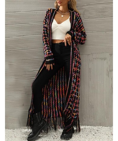 Women Boho Long Cardigan Sweater Long Sleeve Open Front Fringe Tassel Hem Colorful Rainbow Knit Maxi Sweaters Coat Purple $20...