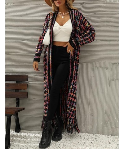 Women Boho Long Cardigan Sweater Long Sleeve Open Front Fringe Tassel Hem Colorful Rainbow Knit Maxi Sweaters Coat Purple $20...