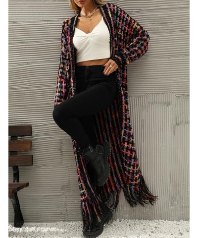 Women Boho Long Cardigan Sweater Long Sleeve Open Front Fringe Tassel Hem Colorful Rainbow Knit Maxi Sweaters Coat Purple $20...