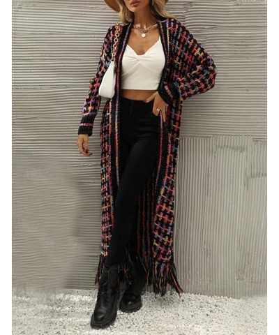 Women Boho Long Cardigan Sweater Long Sleeve Open Front Fringe Tassel Hem Colorful Rainbow Knit Maxi Sweaters Coat Purple $20...