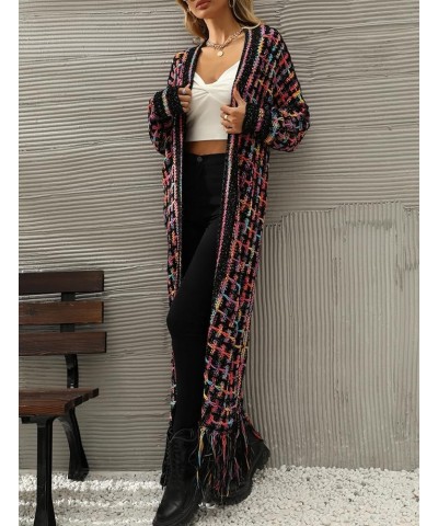 Women Boho Long Cardigan Sweater Long Sleeve Open Front Fringe Tassel Hem Colorful Rainbow Knit Maxi Sweaters Coat Purple $20...