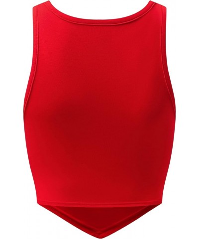 Women's Sleeveless Crew Neck Crop Top Asymmetrical Hem Basic Comfy Stretch Tank Top Red $10.59 Tanks