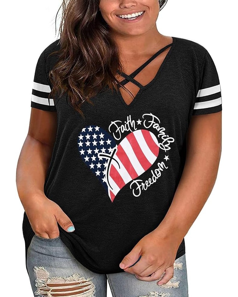 Womens Plus Size American Flag Shirts Ring Hole Patriotic Tee Shirts 4th of July USA Flag Tank Tops 3 Black $9.85 Tanks