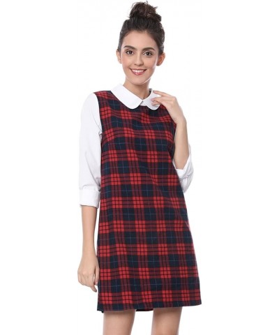 Women's Contrast Peter Pan Collar Long Sleeve Shift Plaid Dress Red $19.13 Dresses