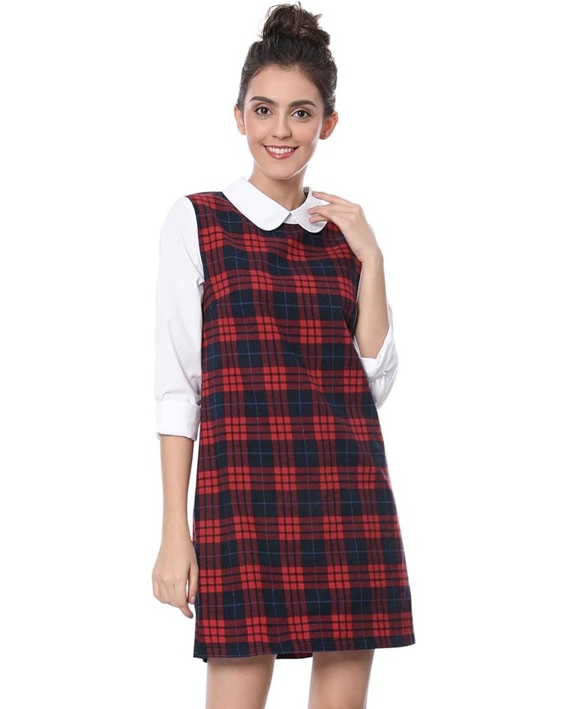 Women's Contrast Peter Pan Collar Long Sleeve Shift Plaid Dress Red $19.13 Dresses