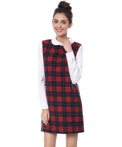 Women's Contrast Peter Pan Collar Long Sleeve Shift Plaid Dress Red $19.13 Dresses