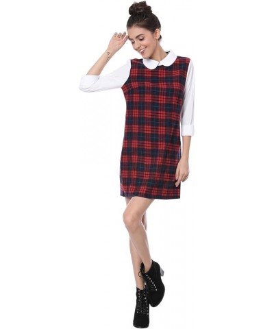 Women's Contrast Peter Pan Collar Long Sleeve Shift Plaid Dress Red $19.13 Dresses