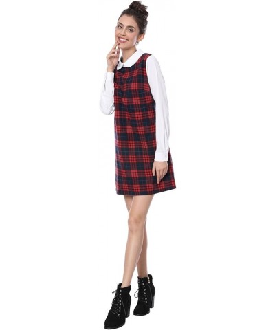 Women's Contrast Peter Pan Collar Long Sleeve Shift Plaid Dress Red $19.13 Dresses