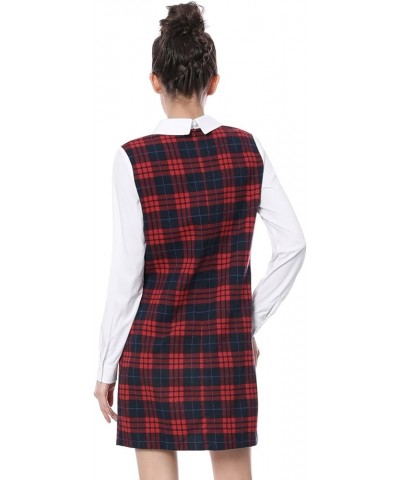 Women's Contrast Peter Pan Collar Long Sleeve Shift Plaid Dress Red $19.13 Dresses