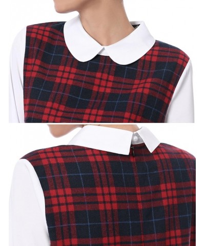 Women's Contrast Peter Pan Collar Long Sleeve Shift Plaid Dress Red $19.13 Dresses